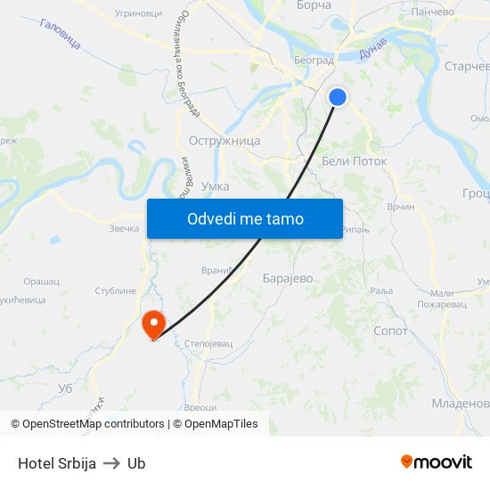 Hotel Srbija to Ub map