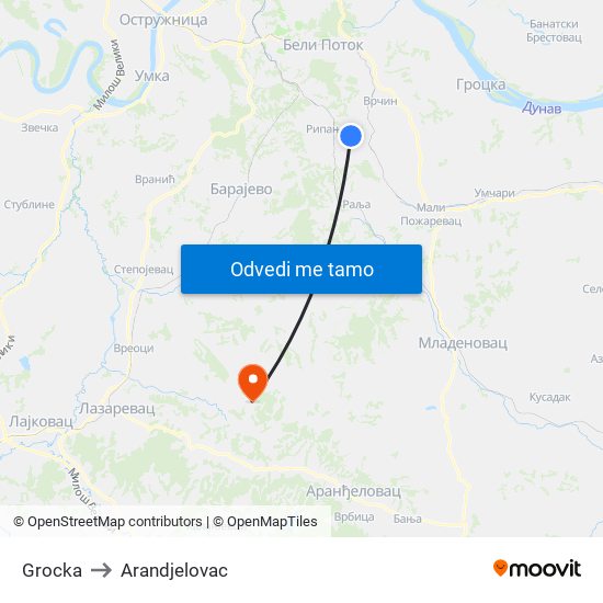 Grocka to Arandjelovac map