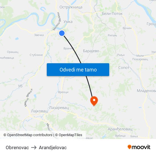 Obrenovac to Arandjelovac map