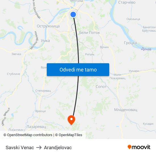 Savski Venac to Arandjelovac map