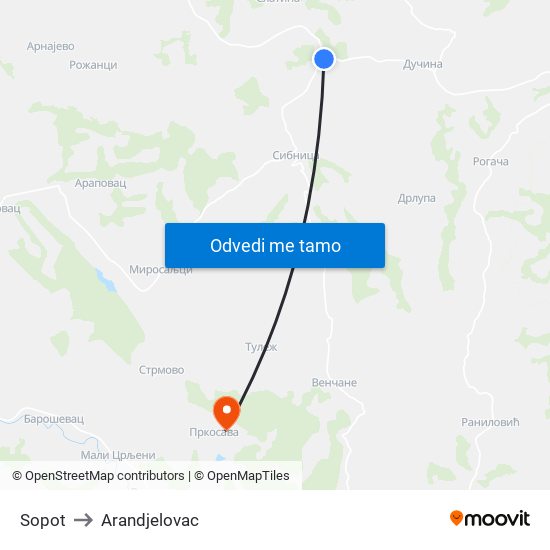 Sopot to Arandjelovac map