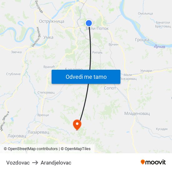 Vozdovac to Arandjelovac map