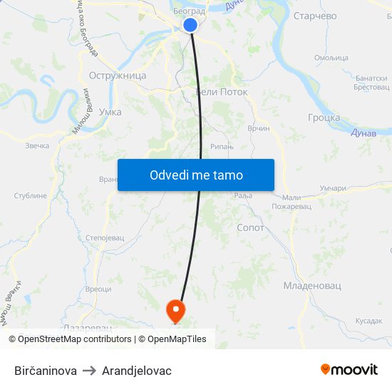 Birčaninova to Arandjelovac map