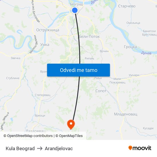 Kula Beograd to Arandjelovac map