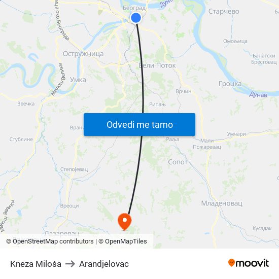 Kneza Miloša to Arandjelovac map