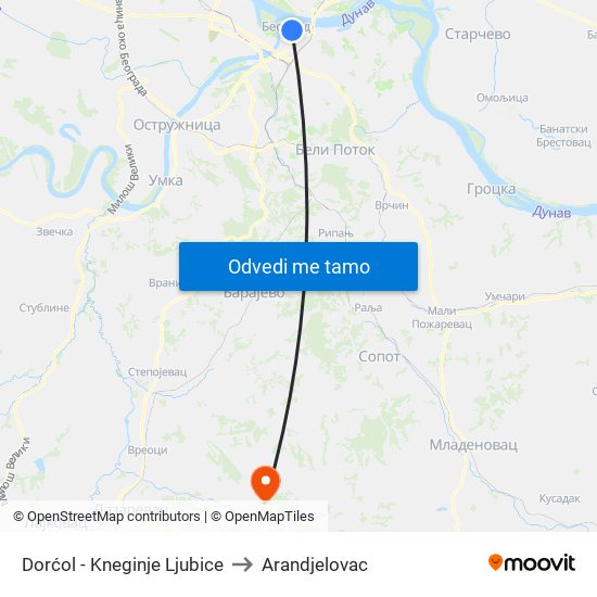 Dorćol - Kneginje Ljubice to Arandjelovac map