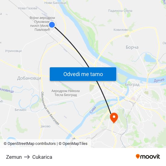 Zemun to Cukarica map