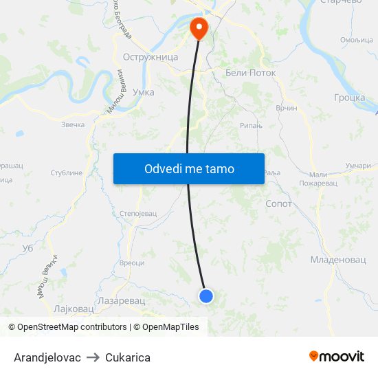 Arandjelovac to Cukarica map