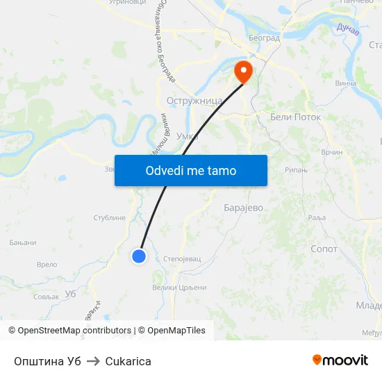 Општина Уб to Cukarica map