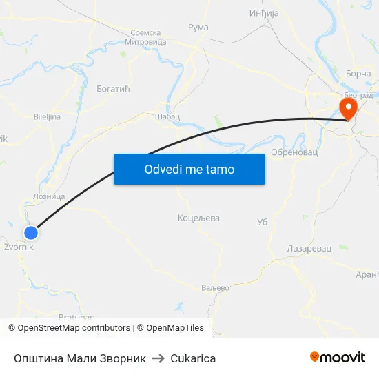 Општина Мали Зворник to Cukarica map