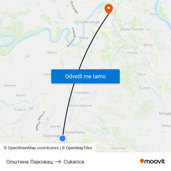 Општина Лајковац to Cukarica map