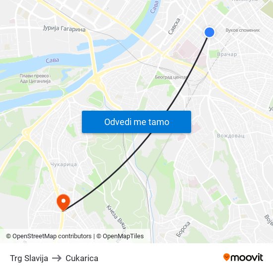 Trg Slavija to Cukarica map