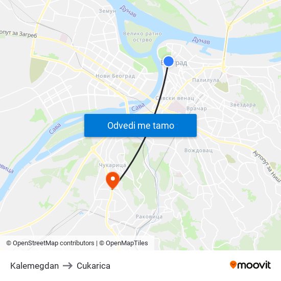 Kalemegdan to Cukarica map