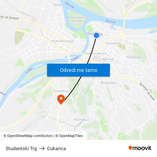 Studentski Trg to Cukarica map