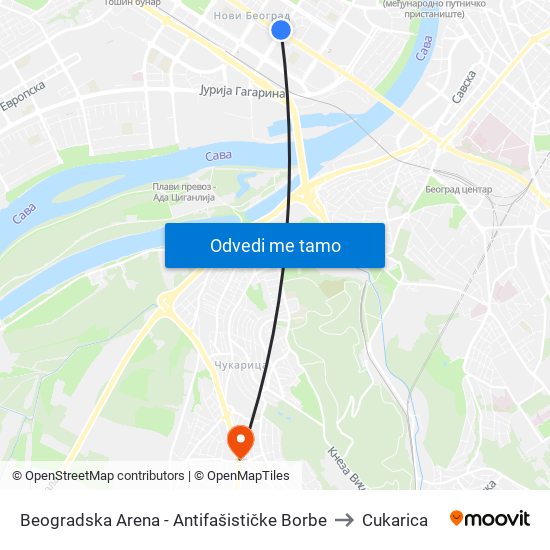 Beogradska Arena - Antifašističke Borbe to Cukarica map