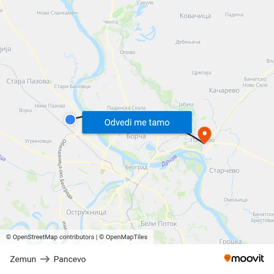 Zemun to Pancevo map