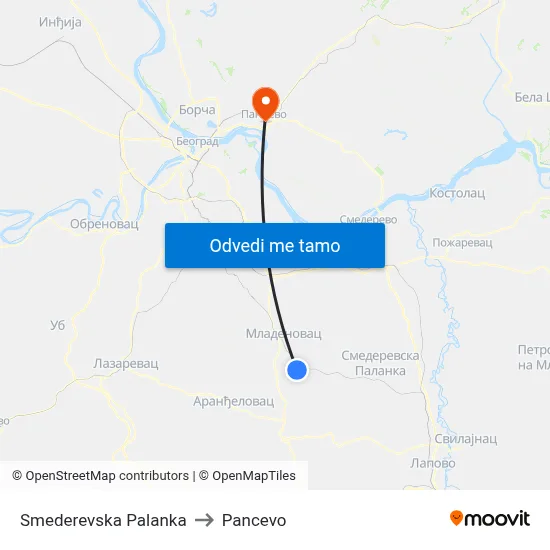 Smederevska Palanka to Pancevo map