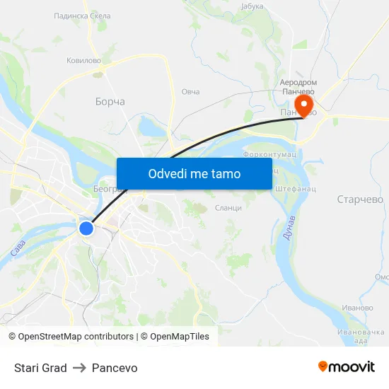 Stari Grad to Pancevo map