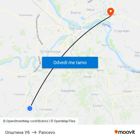 Општина Уб to Pancevo map
