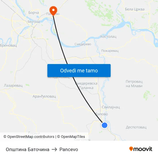 Општина Баточина to Pancevo map