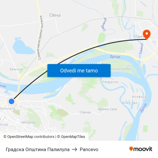 Градска Општина Палилула to Pancevo map
