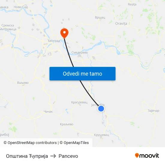 Општина Ћуприја to Pancevo map