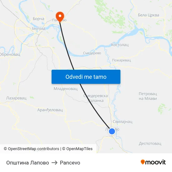 Општина Лапово to Pancevo map