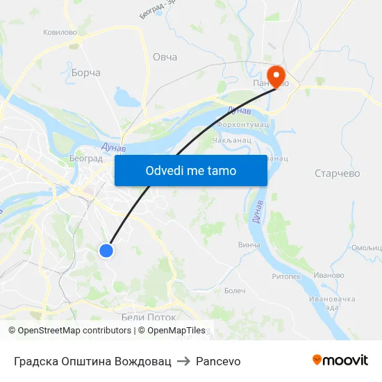 Градска Општина Вождовац to Pancevo map