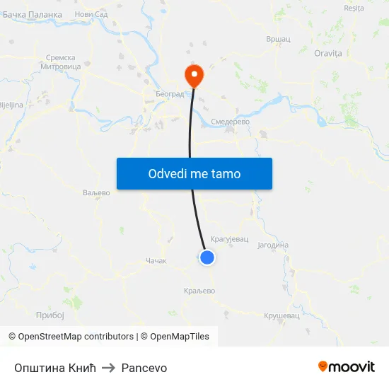 Општина Кнић to Pancevo map