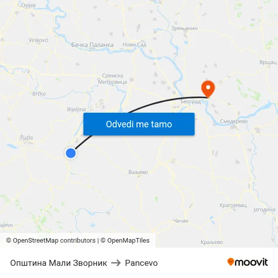 Општина Мали Зворник to Pancevo map
