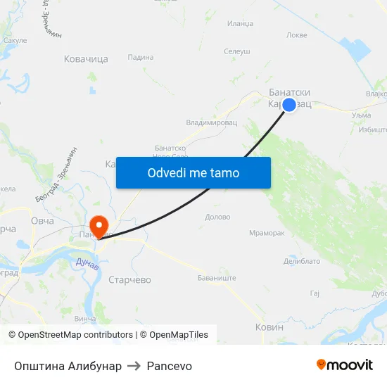 Општина Алибунар to Pancevo map
