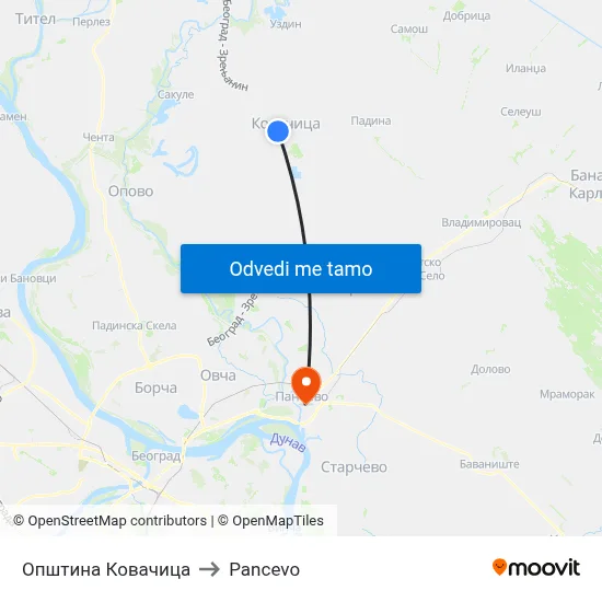 Општина Ковачица to Pancevo map