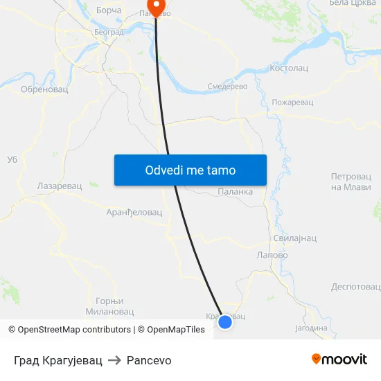 Град Крагујевац to Pancevo map