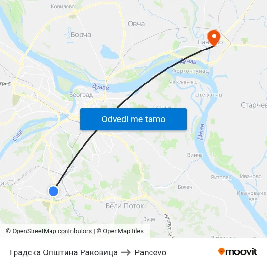 Градска Општина Раковица to Pancevo map