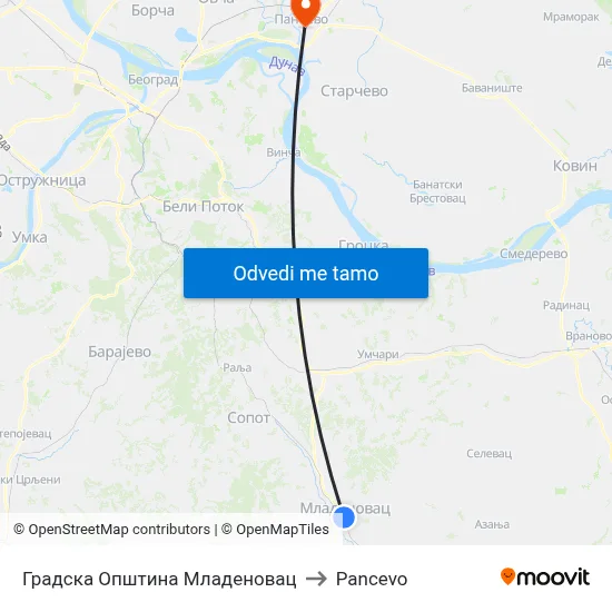 Градска Општина Младеновац to Pancevo map