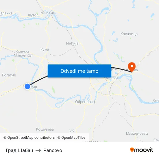 Град Шабац to Pancevo map