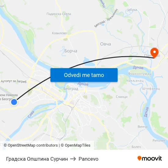 Градска Општина Сурчин to Pancevo map