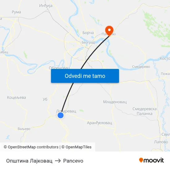 Општина Лајковац to Pancevo map