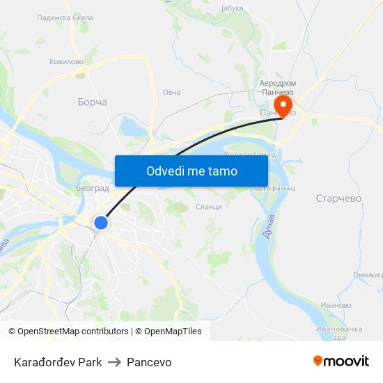 Karađorđev Park to Pancevo map