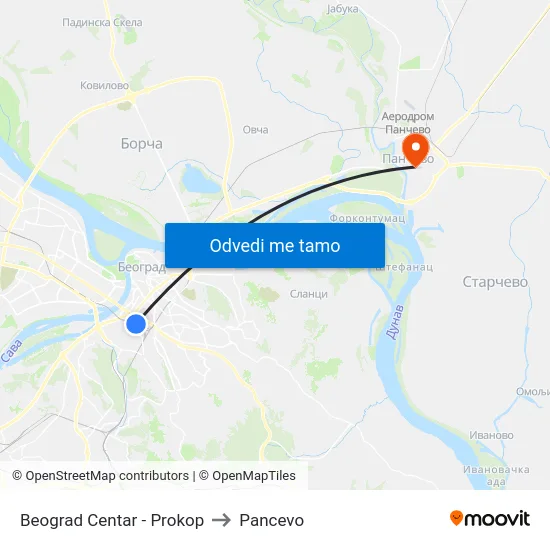 Beograd Centar - Prokop to Pancevo map