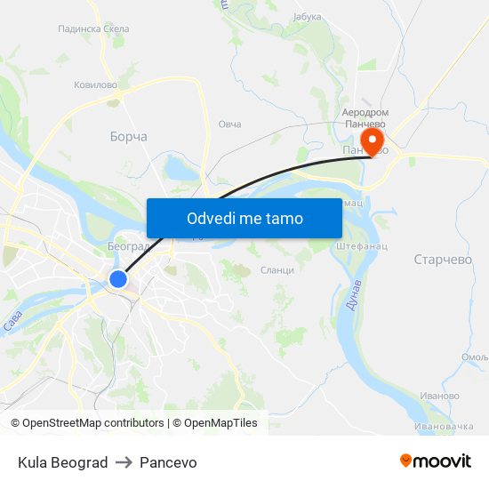 Kula Beograd to Pancevo map