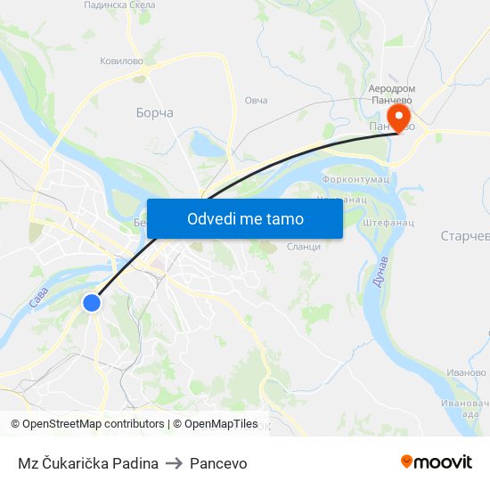 Mz Čukarička Padina to Pancevo map