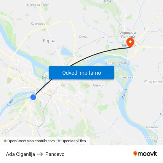 Ada Ciganlija to Pancevo map