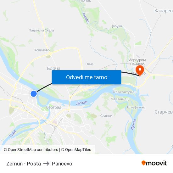 Zemun - Pošta to Pancevo map