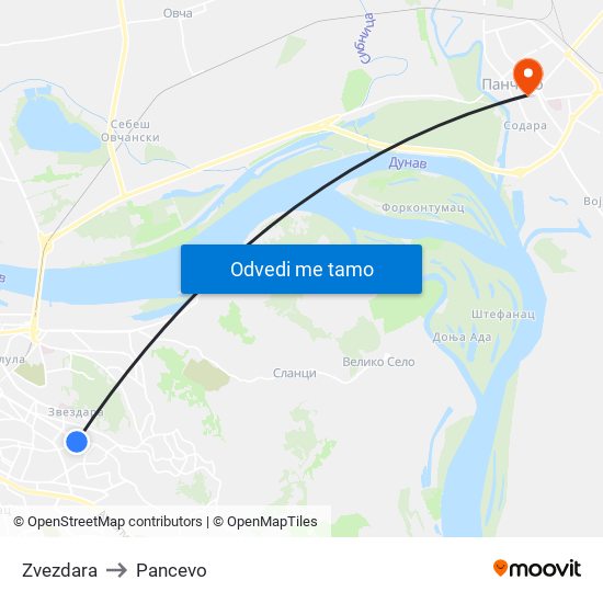 Zvezdara to Pancevo map