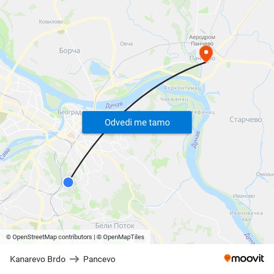 Kanarevo Brdo to Pancevo map