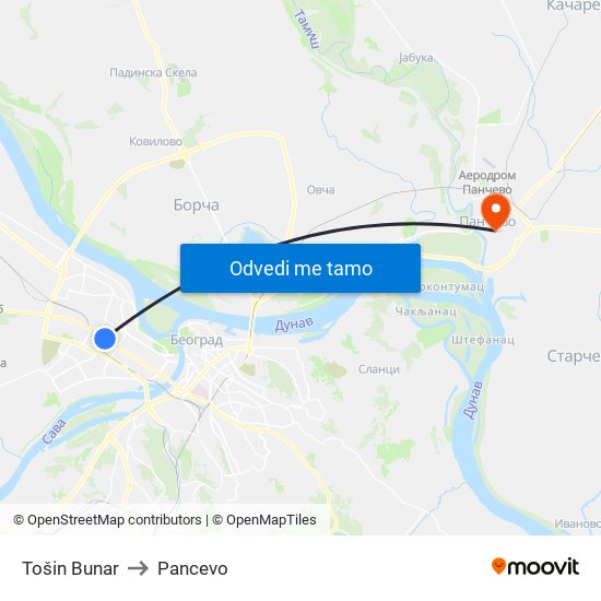 Tošin Bunar to Pancevo map