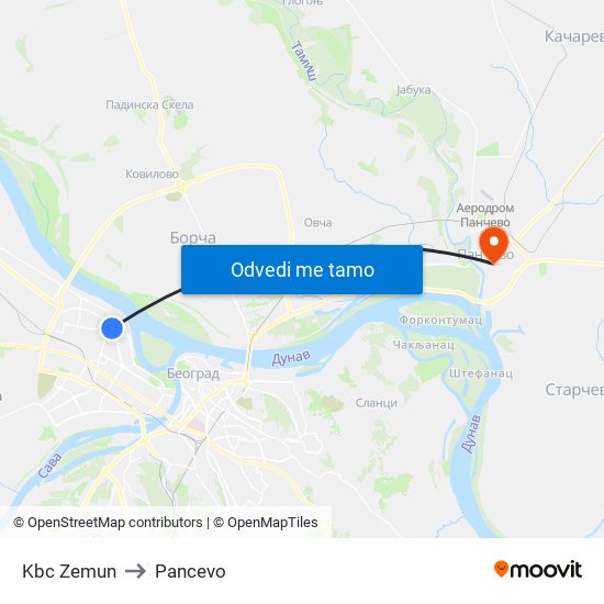 Kbc Zemun to Pancevo map