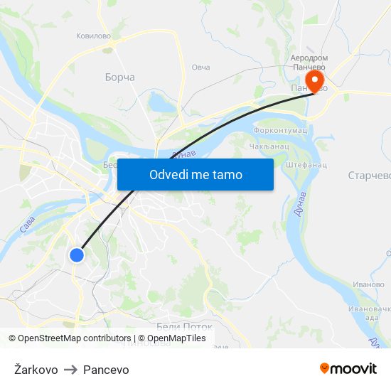 Žarkovo to Pancevo map