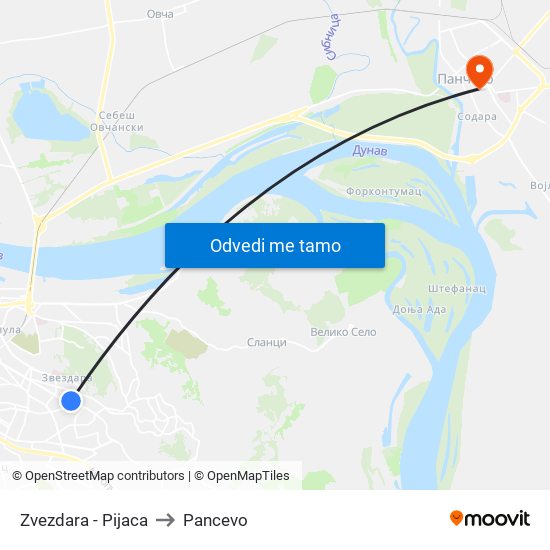 Zvezdara - Pijaca to Pancevo map